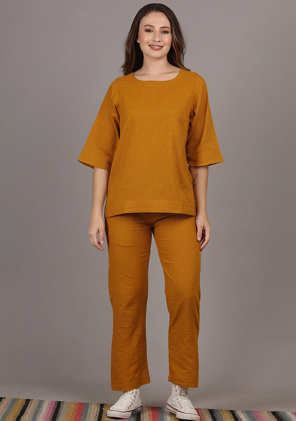 Mustard Cotton Yoga Wear With Sleeves