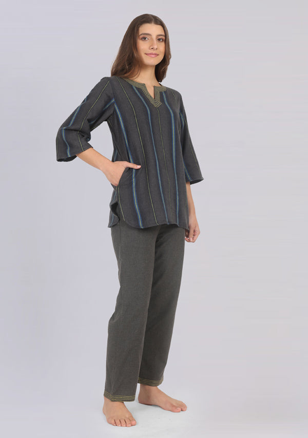 Flannel Grey Yellow Striped Night Suit With Trimmings