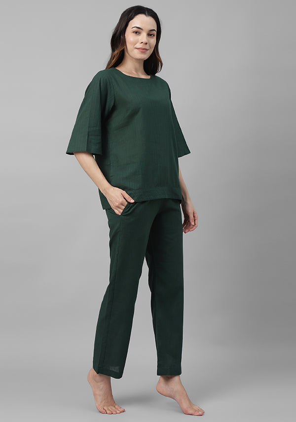 Bottle Green Cotton Yoga Wear With Sleeves