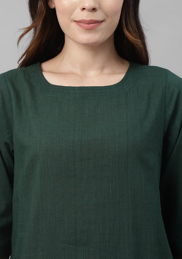 Bottle Green Cotton Yoga Wear With Sleeves