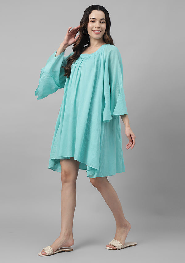 Turquoise Short Cotton Dress with Gathers