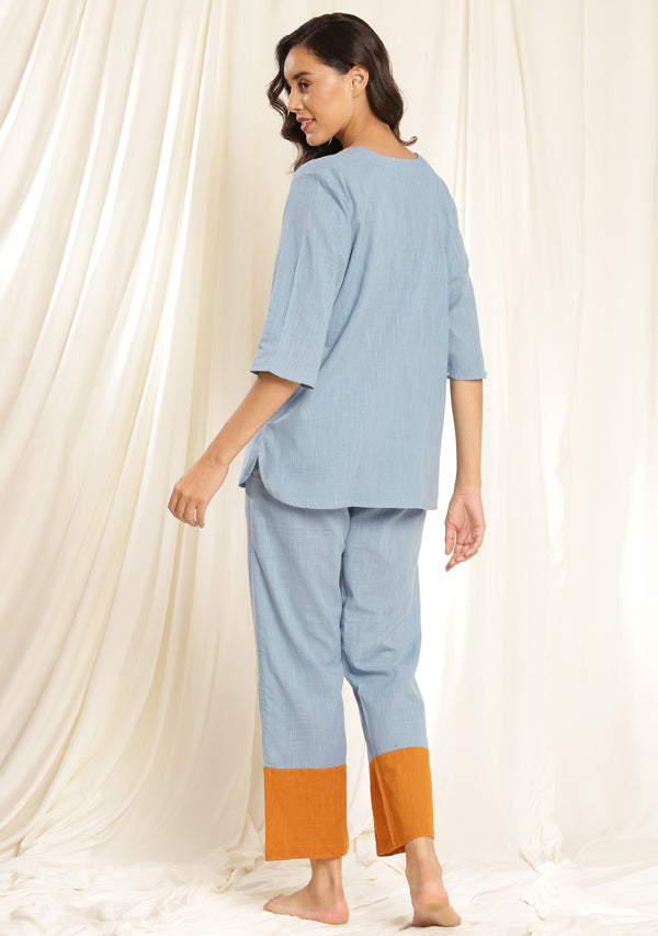 Smoke Blue Mustard Cotton Night Suit