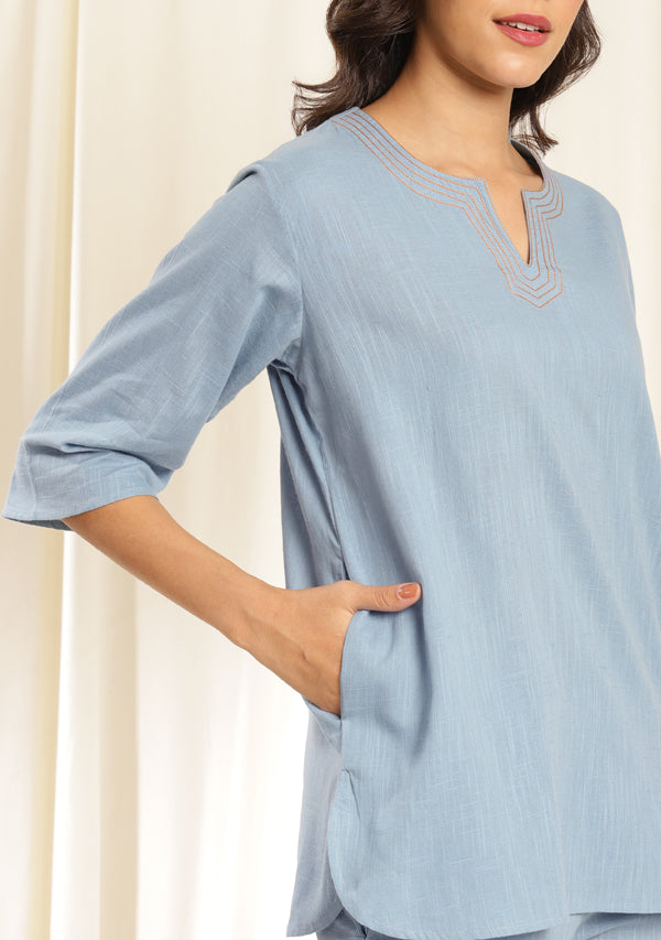 Smoke Blue Mustard Cotton Night Suit