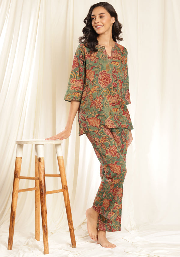 Aqua Red Floral Hand Block Printed Mulmul Night Suit with Bronze Trimmings