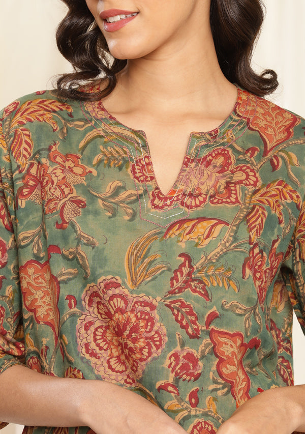 Aqua Red Floral Hand Block Printed Mulmul Night Suit with Bronze Trimmings