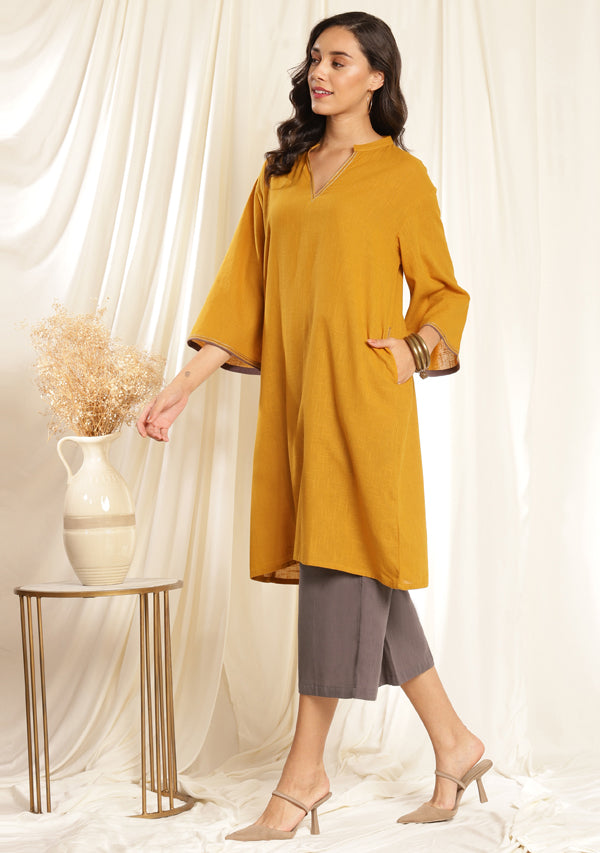 Mustard Co-ord Set with Contrast Grey Pants and Bronze Trimmings