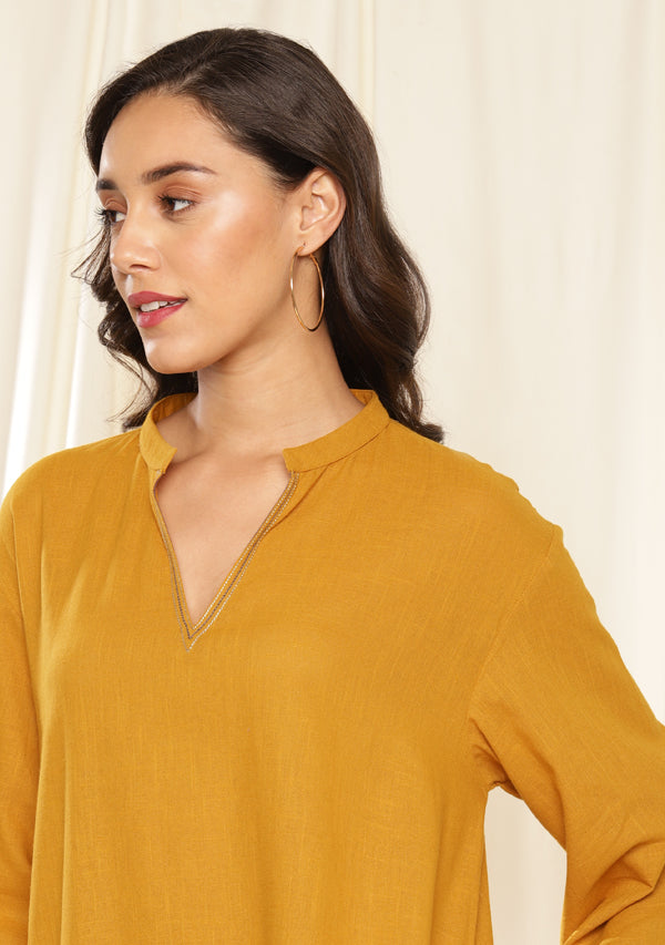 Mustard Co-ord Set with Contrast Grey Pants and Bronze Trimmings