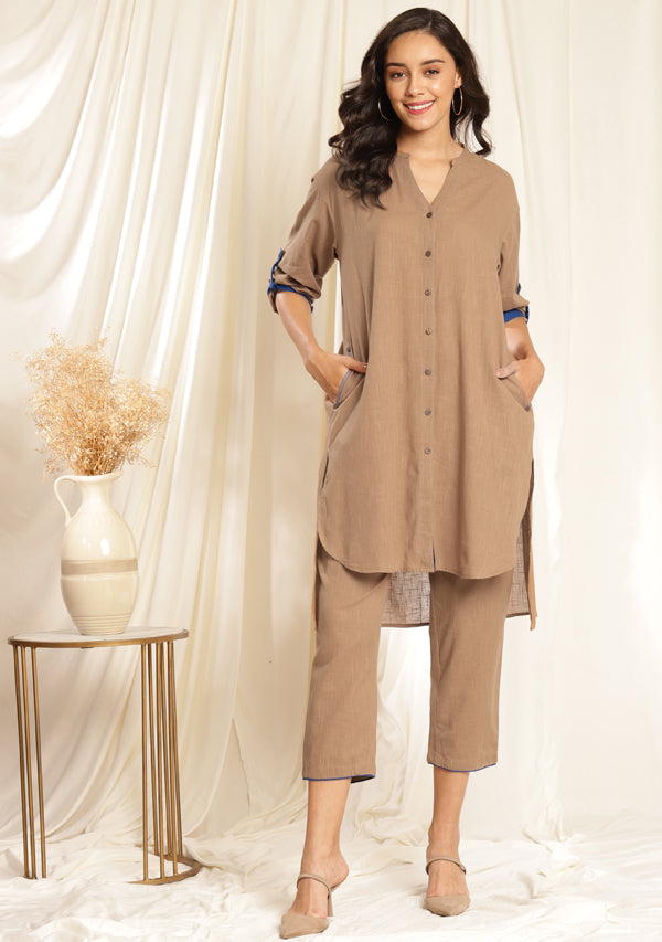 Brown Front Open Cotton Co-ord Set with Royal Blue Trimmings