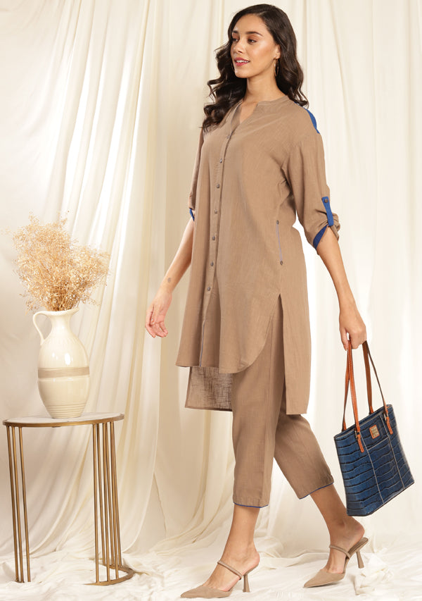 Brown Front Open Cotton Co-ord Set with Royal Blue Trimmings