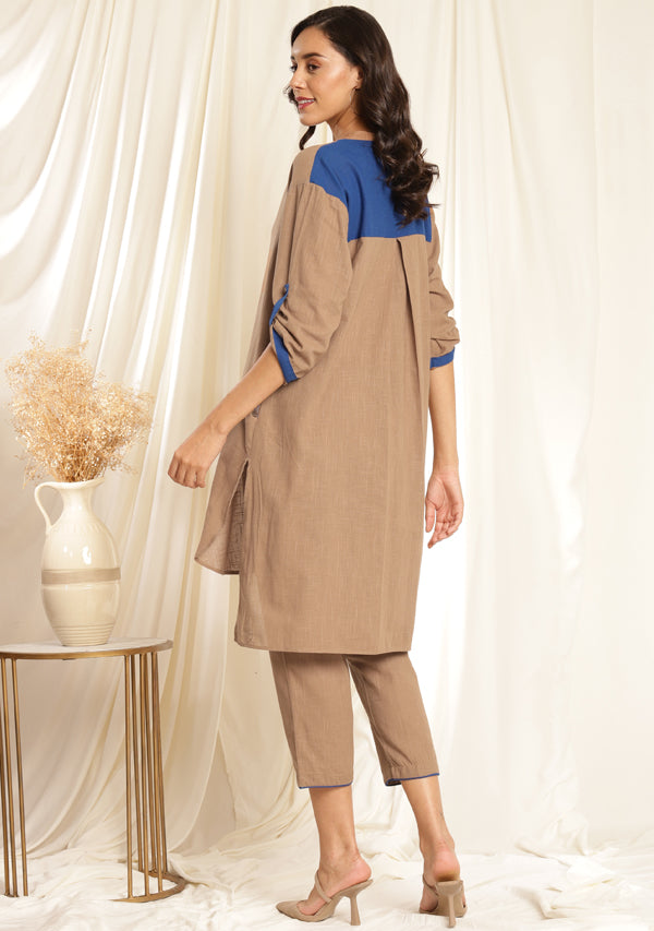 Brown Front Open Cotton Co-ord Set with Royal Blue Trimmings