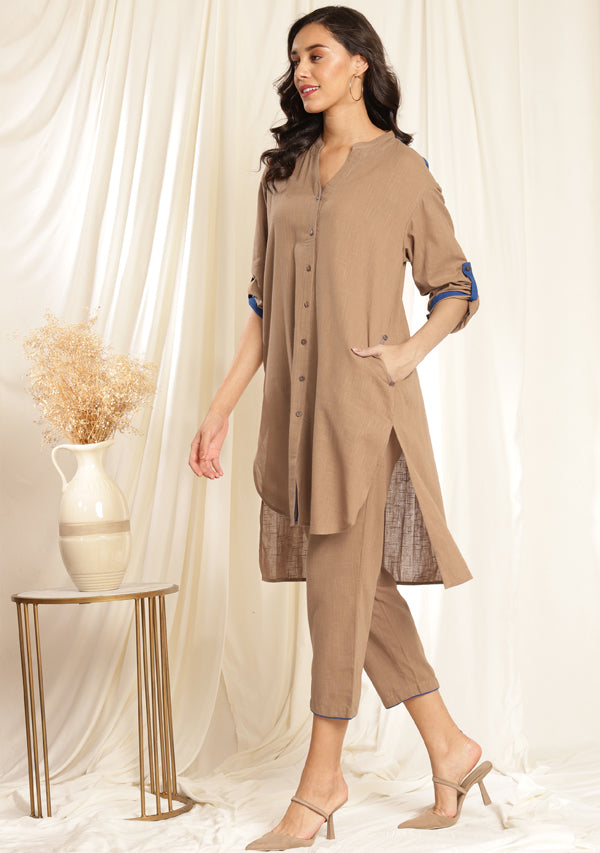 Brown Front Open Cotton Co-ord Set with Royal Blue Trimmings