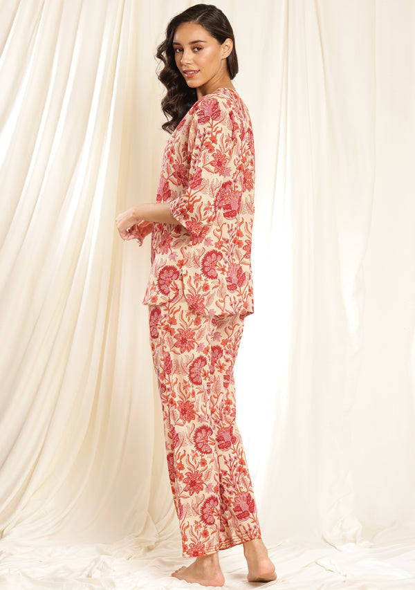 Ivory Orange Floral Hand Block Printed Mulmul Night Suit with Bronze Trimmings