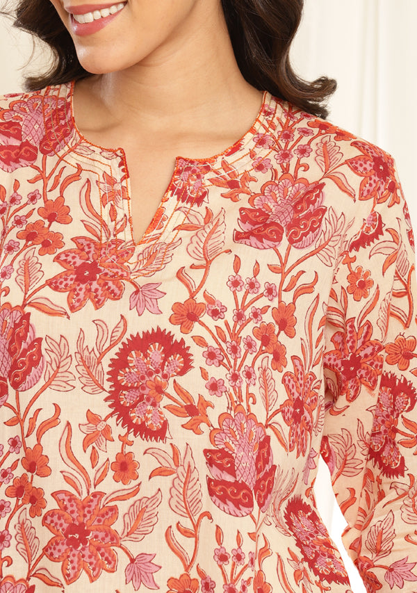 Ivory Orange Floral Hand Block Printed Mulmul Night Suit with Bronze Trimmings