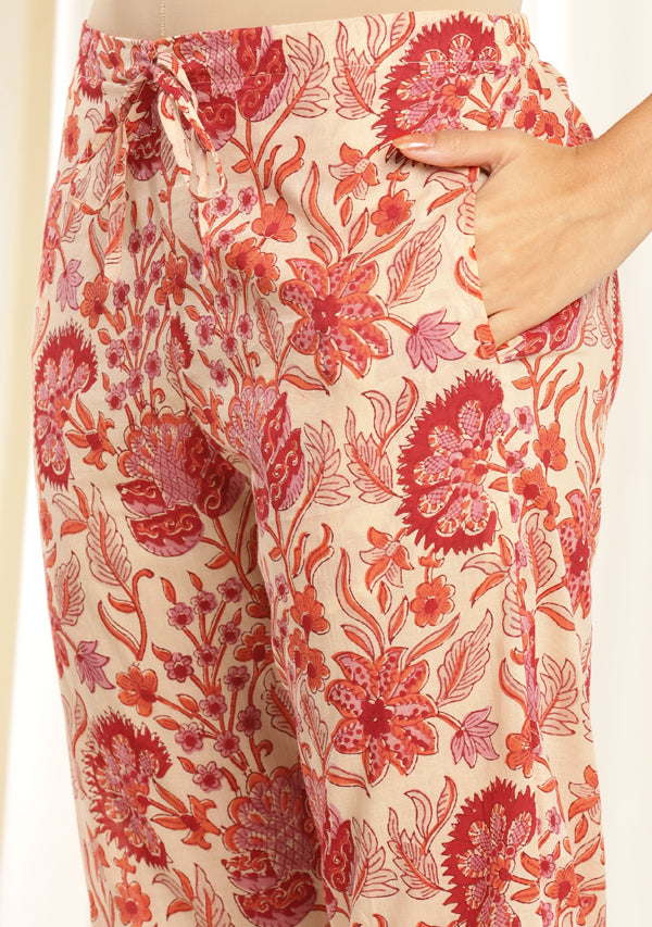 Ivory Orange Floral Hand Block Printed Mulmul Night Suit with Bronze Trimmings