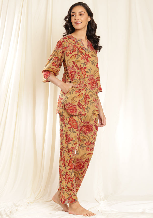 Mustard Red Floral Hand Block Printed Mulmul Night Suit with Bronze Trimmings