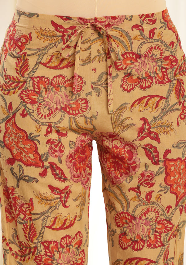 Mustard Red Floral Hand Block Printed Mulmul Night Suit with Bronze Trimmings