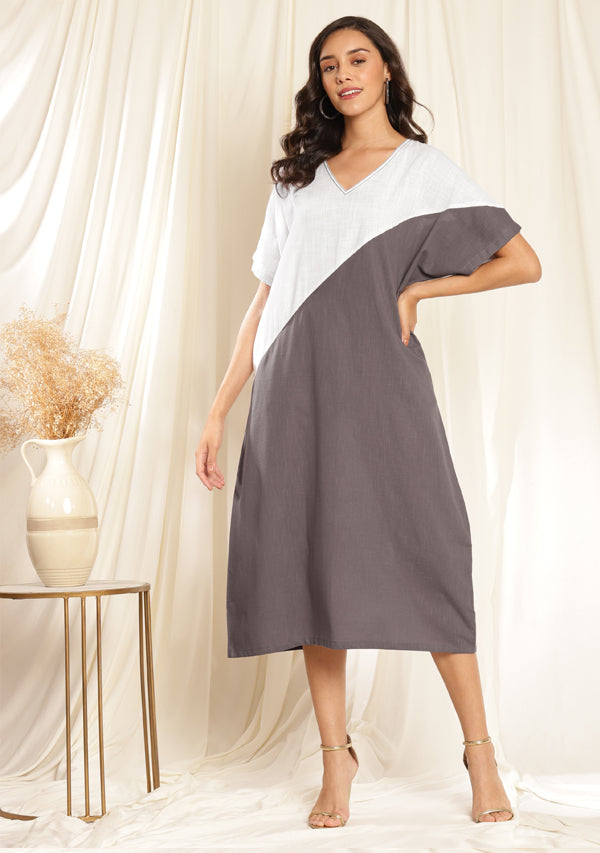Grey White Loose Fit Cotton Dress