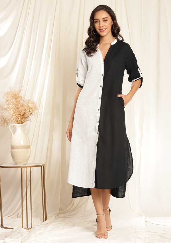 Black White Front Open Cotton Shirt Dress with Wooden Buttons and Cont Black White Front Open Cotton Shirt Dress with Wooden Buttons and Cont