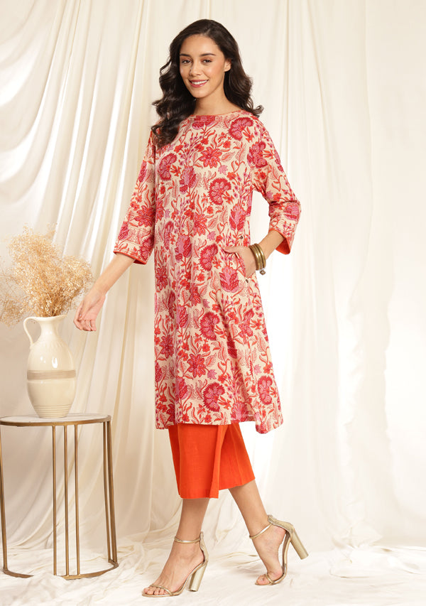 Ivory Orange Floral Hand Block Printed Mulmul Co-ord Set with Orange Pants and Bronze Trimmings