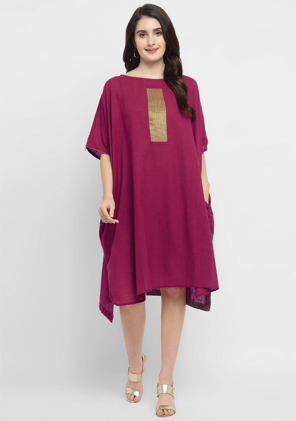 Wine Cotton Block Dress with Gold Embellishments