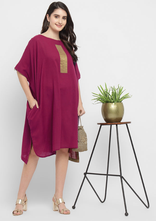Wine Cotton Block Dress with Gold Embellishments