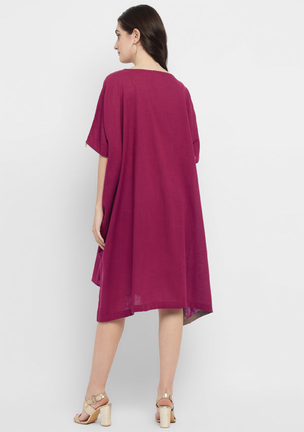 Wine Cotton Block Dress with Gold Embellishments