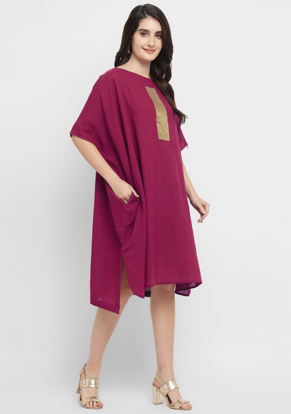 Wine Cotton Block Dress with Gold Embellishments