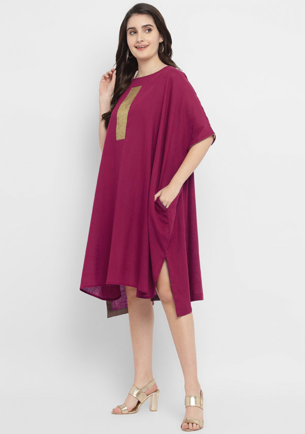 Wine Cotton Block Dress with Gold Embellishments