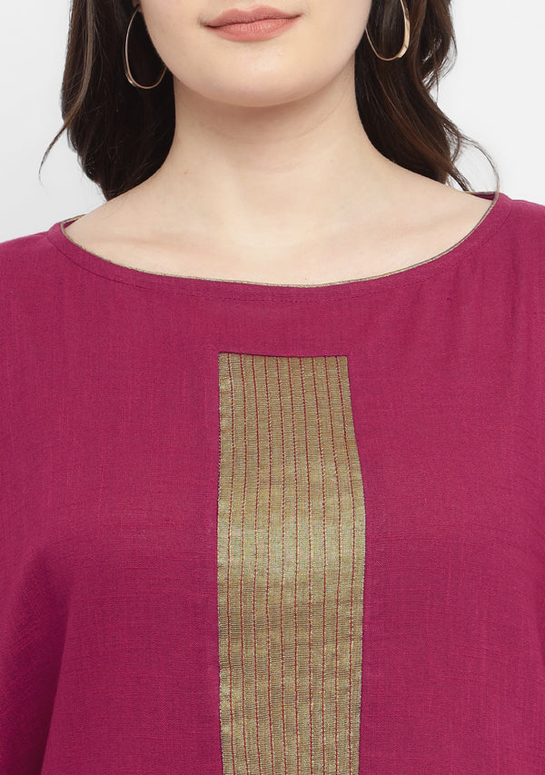 Wine Cotton Block Dress with Gold Embellishments