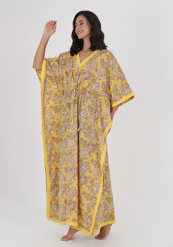 Yellow Grey Floral Hand Block Printed Tie-Up Waist Cotton Kaftan
