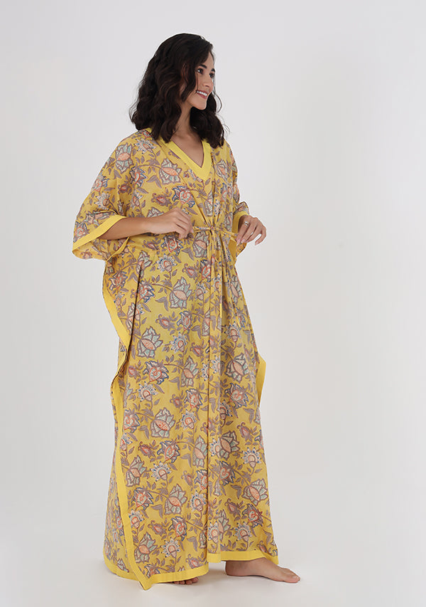 Yellow Grey Floral Hand Block Printed Tie-Up Waist Cotton Kaftan