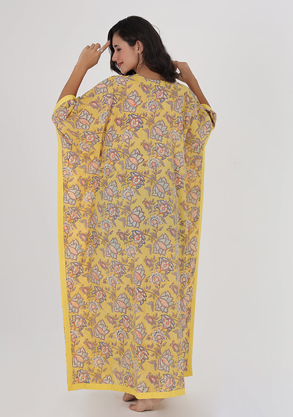 Yellow Grey Floral Hand Block Printed Tie-Up Waist Cotton Kaftan
