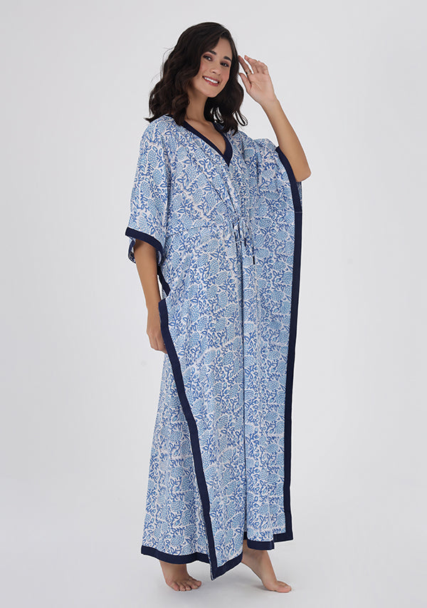 White Blue Floral Hand Block Printed Tie-Up Waist Cotton Kaftan