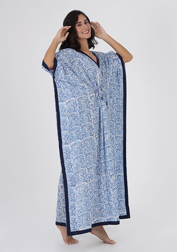 White Blue Floral Hand Block Printed Tie-Up Waist Cotton Kaftan