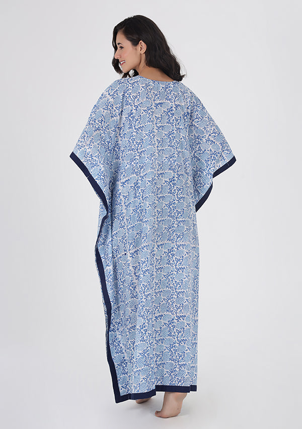 White Blue Floral Hand Block Printed Tie-Up Waist Cotton Kaftan