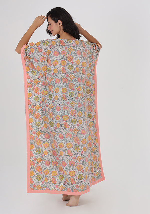 Grey Multicolor Floral Hand Block Printed Tie-Up Waist Cotton Kaftan