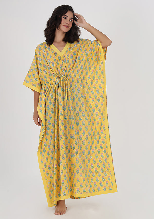 Yellow Pink Flower Motif Hand Block Printed Tie-Up Waist Cotton Kaftan