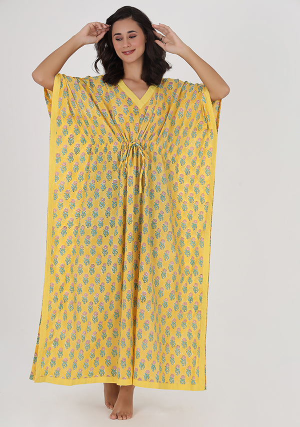 Yellow Pink Flower Motif Hand Block Printed Tie-Up Waist Cotton Kaftan