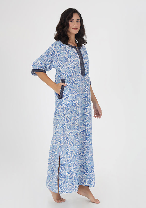 Blue White Floral Hand Block Printed Nighty Kaftan with Stitch Lines