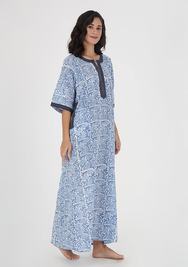 Blue White Floral Hand Block Printed Nighty Kaftan with Stitch Lines