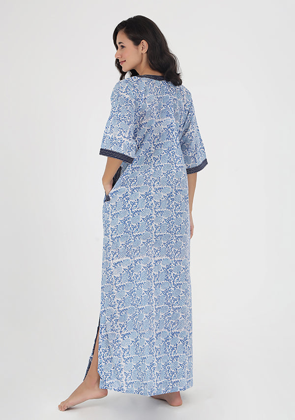 Blue White Floral Hand Block Printed Nighty Kaftan with Stitch Lines