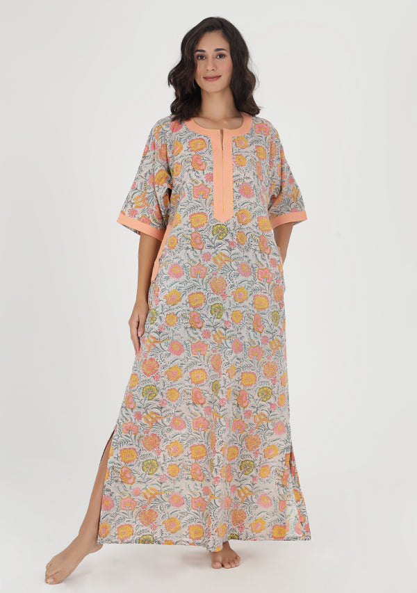 Grey Multicolor Floral Hand Block Printed Nighty Kaftan with Stitch Lines