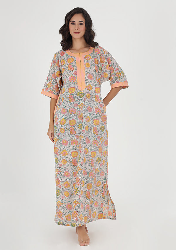Grey Multicolor Floral Hand Block Printed Nighty Kaftan with Stitch Lines