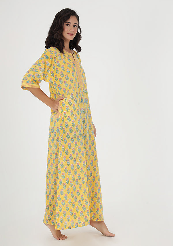 Yellow Pink Flower Motif Hand Block Printed Nighty Kaftan with Stitch Lines