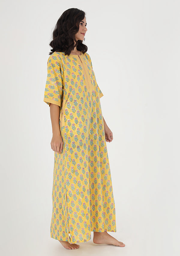 Yellow Pink Flower Motif Hand Block Printed Nighty Kaftan with Stitch Lines