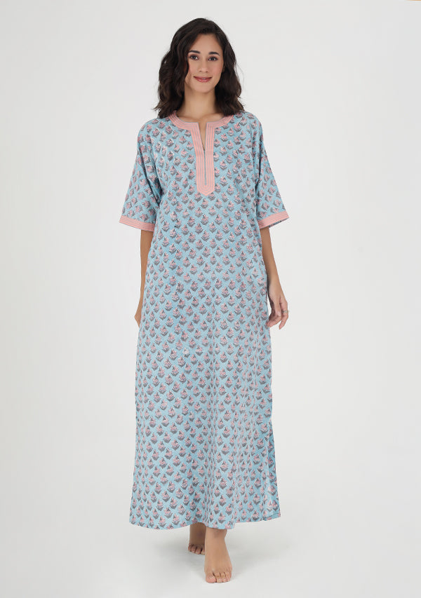 Blue Pink Flower Motif Hand Block Printed Nighty Kaftan with Stitch Lines