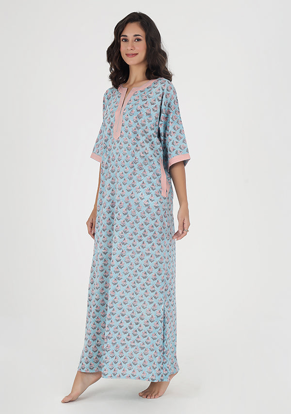 Blue Pink Flower Motif Hand Block Printed Nighty Kaftan with Stitch Lines