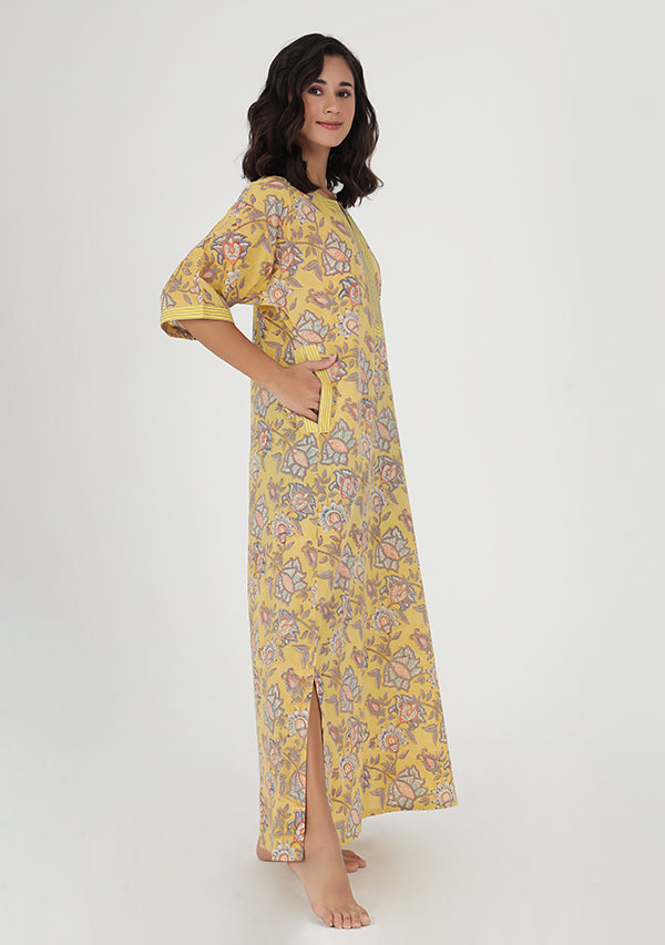 Yellow Grey Hand Block Printed Floral Nighty Kaftan with Stitch Lines
