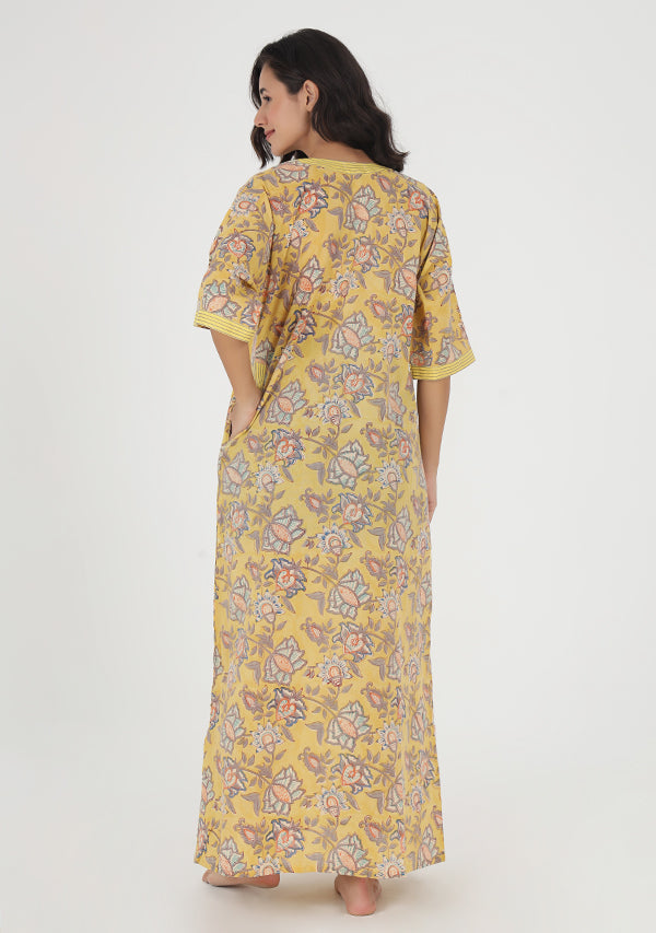 Yellow Grey Hand Block Printed Floral Nighty Kaftan with Stitch Lines