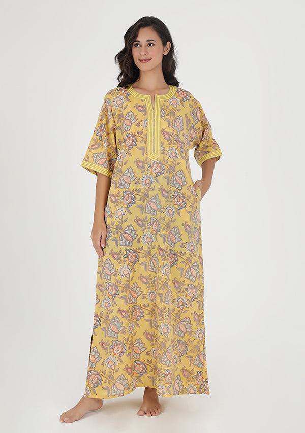 Yellow Grey Hand Block Printed Floral Nighty Kaftan with Stitch Lines
